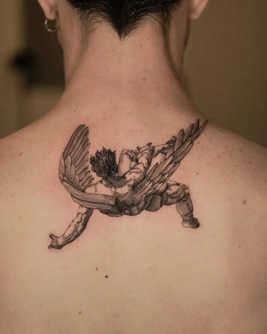 Medium Black and Grey Icarus with Wings on Women Back Tattoo by @the.xx.ttt
