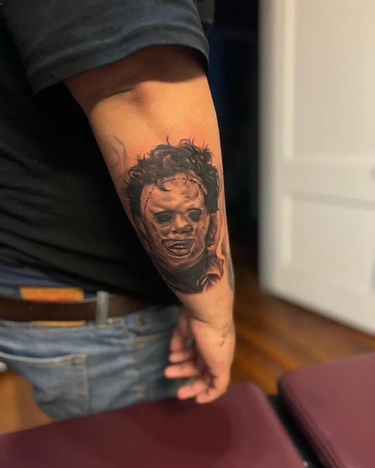 Medium Black and Grey Jason Voorhees Portrait Horror Tattoo on Men Arm by @_tattoomay