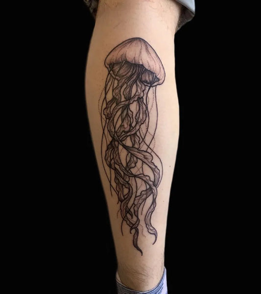 Medium Black and Grey Jellyfish Nautical Tattoo on Men Leg by @meowzen