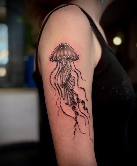 Medium Black and Grey Jellyfish Tattoo on Women Arm by @whiterabbittattoostudio