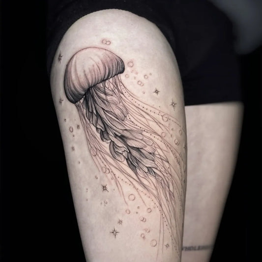 Medium Black and Grey Jellyfish Tattoo on Women Thigh by @mr.inkwells