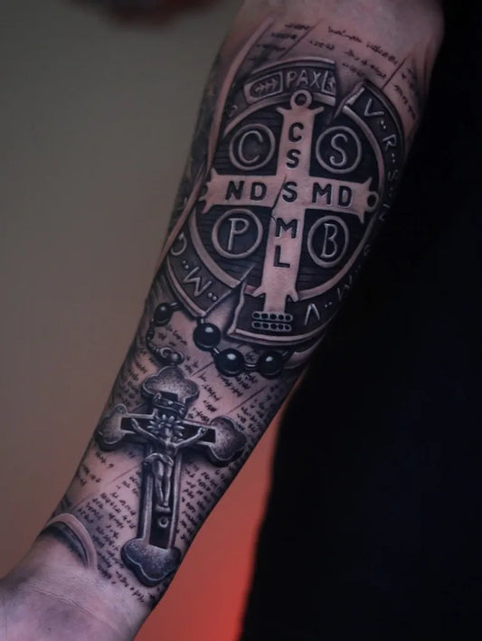 Medium Black and Grey Jerusalem Cross Tattoo on Men Arm by @doouglastattoo