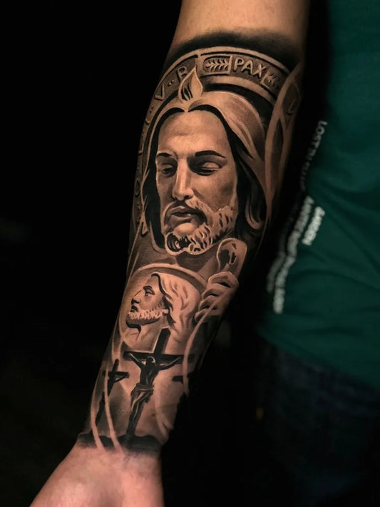 Medium Black and Grey Jesus Virgin Mary 3 Cross Tattoo on Men Arm by @ajazzx_