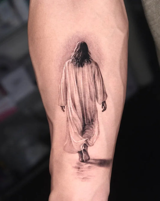 Medium Black and Grey Jesus in Robe Tattoo on Men Arm by @40.tatt