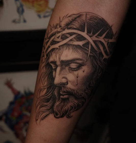 Medium Black and Grey Jesus with Crown of Thorns Tattoo on Men Arm by @espo926