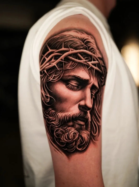 Medium Black and Grey Jesus with Crown of Thorns Tattoo on Men Shoulder by @coleworldtattoo