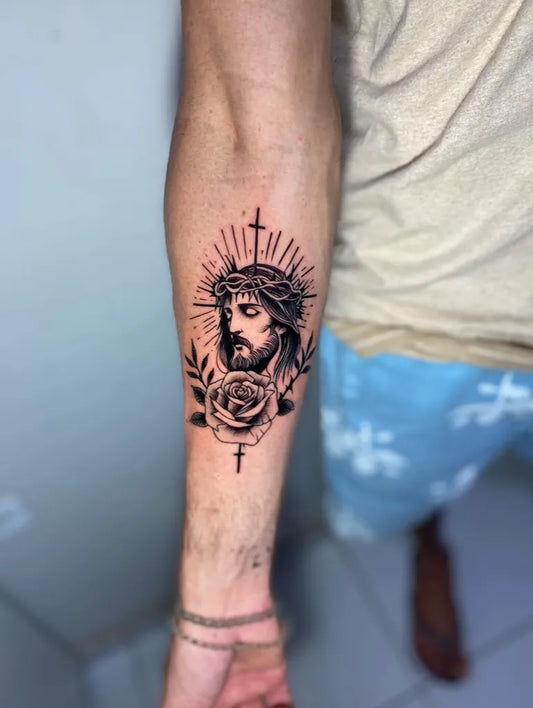 Medium Black and Grey Jesus with Crown of Thorns and 3 Cross Tattoo on Men Arm by @gadeya_tattoo