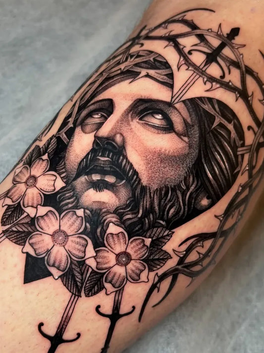 Medium Black and Grey Jesus with Crown of Thorns and Swords Tattoo on Men Arm by @___soyboy