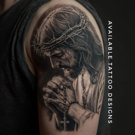Medium Black and Grey Jesus with Rosary Tattoo on Men Shoulder by @vikky_tattoo