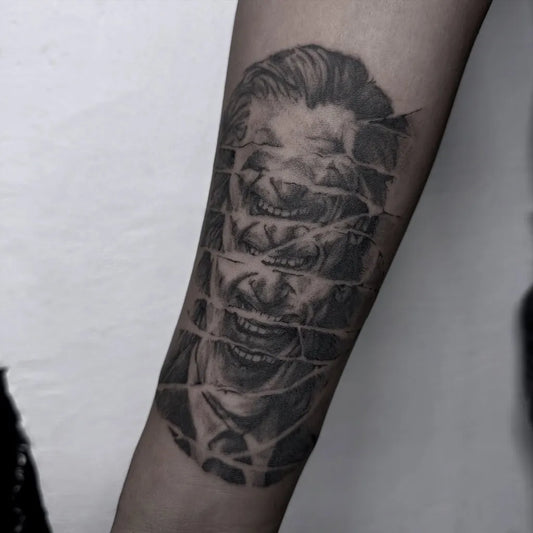 Medium Black and Grey Joker Face on Men Arm Tattoo by @quarssisus