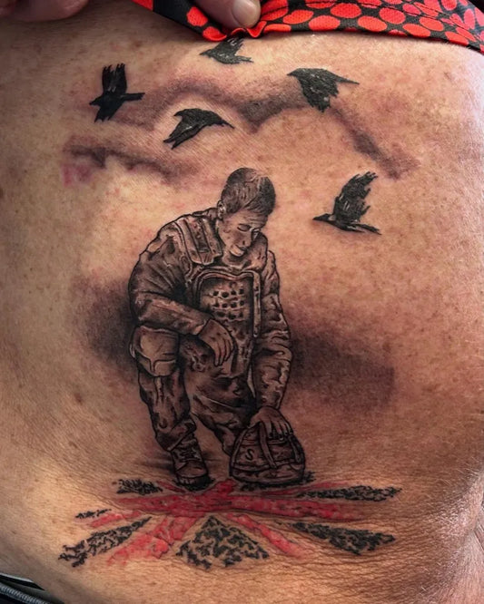 Medium Black and Grey Kneeling Soldier with Birds and Union Jack Military Tattoo on Women Thigh by @_nicoledall_