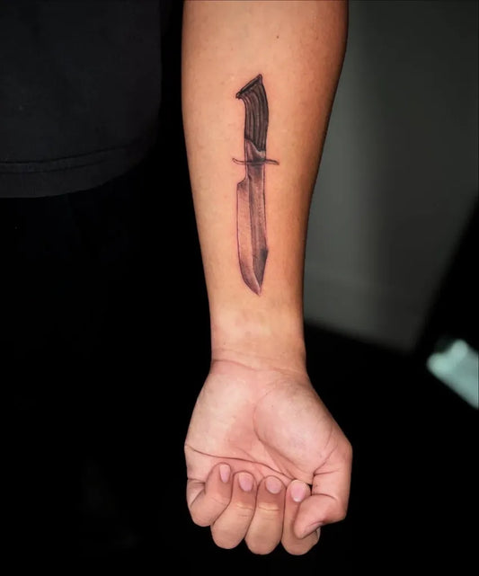Medium Black and Grey Knife Tattoo on Men Forearm by @arianna_garrcia