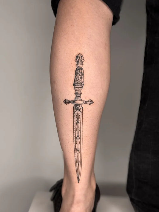 Medium Black and Grey Knife Tattoo on Men Leg by @bonddear