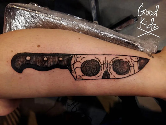 Medium Black and Grey Knife with Skull Men Arm by @good_kidz
