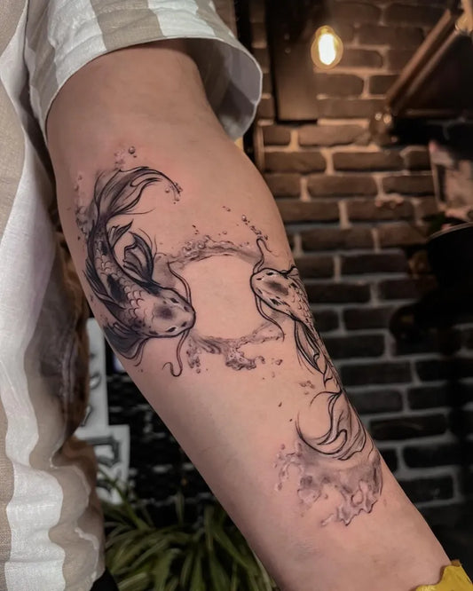 Medium Black and Grey Koi Fish Tattoo on Men Arm by @blackhouse_ink_side