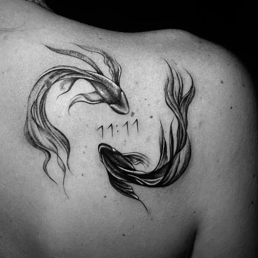 Medium Black and Grey Koi Fish Tattoo on Women Shoulder by @jachevmarko