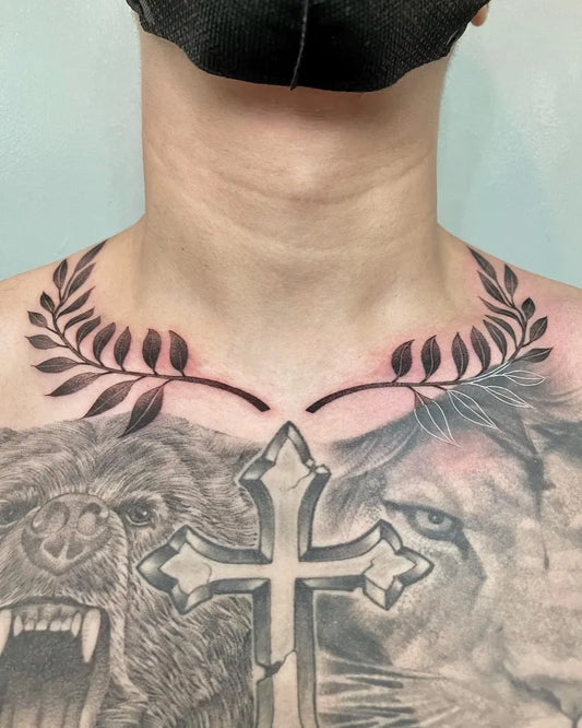 Medium Black and Grey Laurel Wreath Cross Tattoo on Men Neck by @tintahanan_tattoo