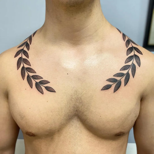 Medium Black and Grey Laurel Wreath Tattoo on Men Chest by @redlipsandinkdrips