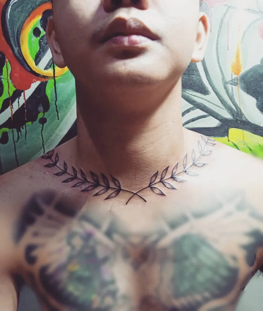 Medium Black and Grey Laurel Wreath Tattoo on Men Neck by @niksink110892