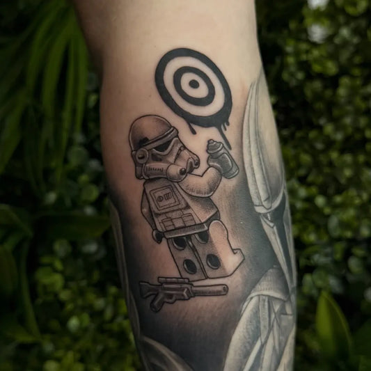 Medium Black and Grey Lego Stormtrooper Graffiti Tattoo on Men Arm by @mattegantattoo