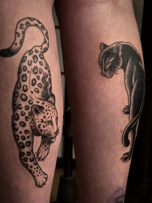 Medium Black and Grey Leopard and Cat Tattoo on Women Calf by @bahsi.tattoo