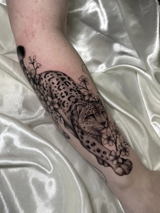 Medium Black and Grey Leopard with Flowers Women Arm by @silviainkocciati