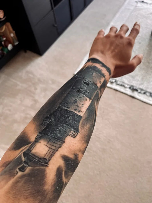 Medium Black and Grey Lighthouse Tattoo on Men Arm by @george_qs