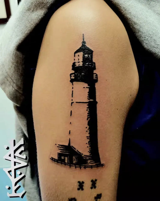 Medium Black and Grey Lighthouse Tattoo on Men Arm by @kc_pyle_art