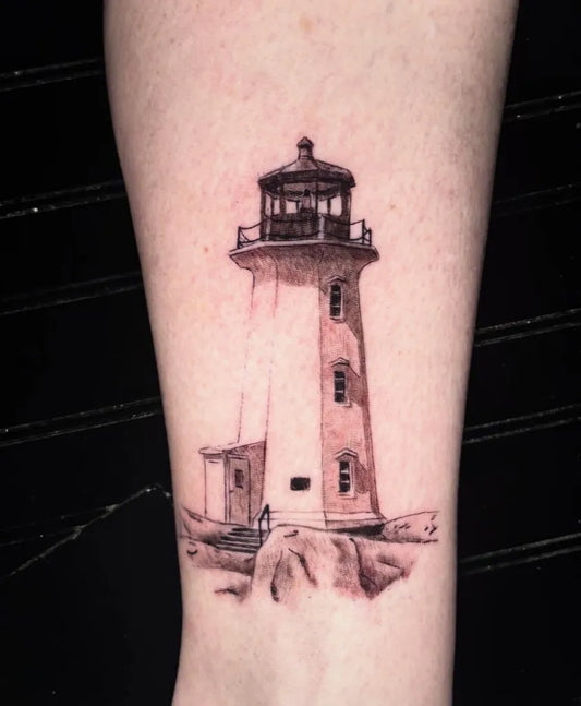 Medium Black and Grey Lighthouse Tattoo on Women Forearm by @pat_johnn
