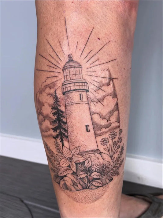 Medium Black and Grey Lighthouse and Trees Tattoo on Men Leg by @mackinsmind