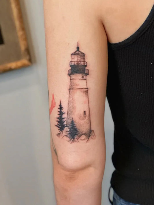 Medium Black and Grey Lighthouse and Trees Tattoo on Women Arm by @guiltrippingg