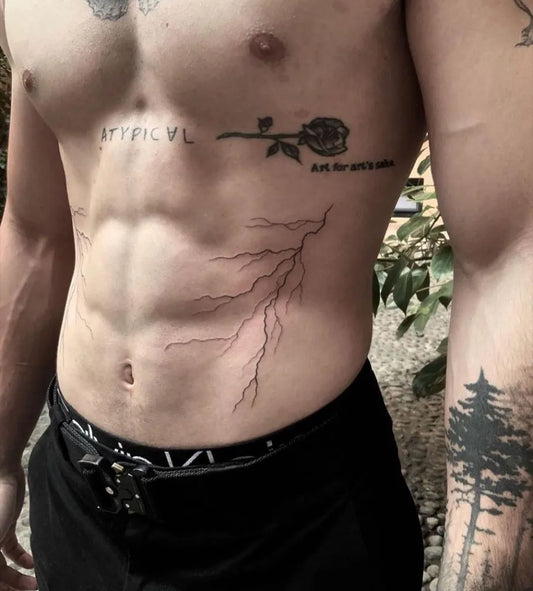 Medium Black and Grey Lightning Rose Trees Tattoo on Men Torso by @sailorstattoomilanomoscova