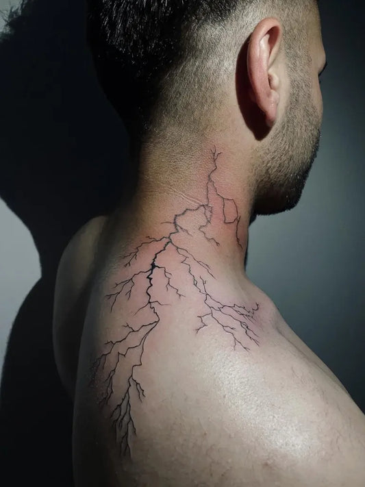 Medium Black and Grey Lightning Tattoo on Men Neck by @neginy_tattoo