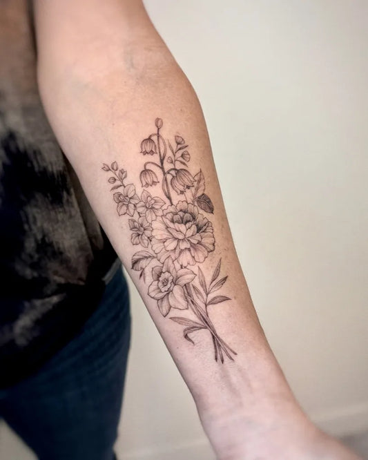 Medium Black and Grey Lily of the Valley Bouquet Women Arm Tattoo by @yulight_tattoo