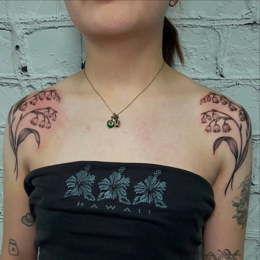 Medium Black and Grey Lily of the Valley Flowers on Women Shoulders Tattoo by @paigetatts