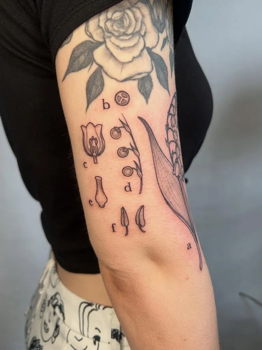 Medium Black and Grey Lily of the Valley Leaves and Vase on Women Arm Tattoo by @noelle_adrienne