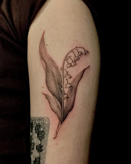 Medium Black and Grey Lily of the Valley Leaves on Women Arm Tattoo by @char_tattoo