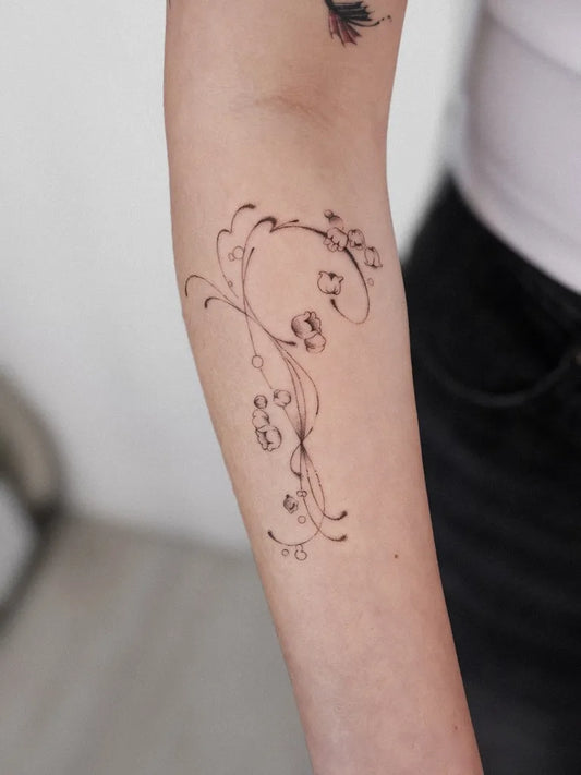 Medium Black and Grey Lily of the Valley Vine on Women Arm Tattoo by @jusqu_ink