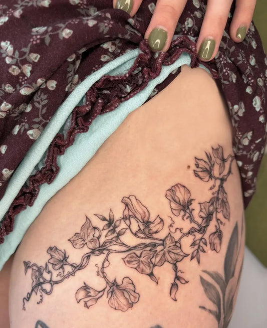 Medium Black and Grey Lily of the Valley Vines on Women Hip Tattoo by @ellunatattoo