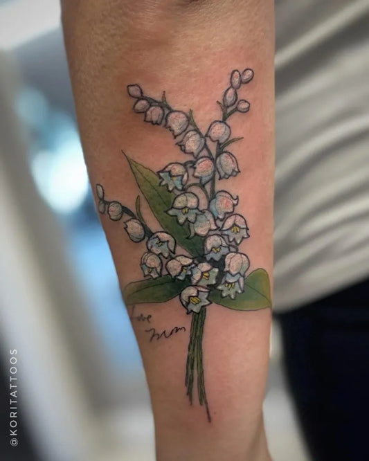 Medium Black and Grey Lily of the Valley on Women Arm Tattoo by @koritattoos