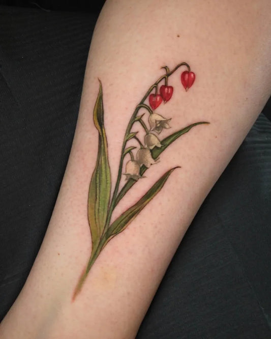 Medium Black and Grey Lily of the Valley with Red Berries on Women Arm Tattoo by @kotyns