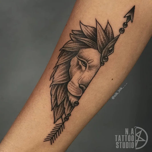 Medium Black and Grey Lion Arrow Tattoo on Men Arm by @kaalpanik_tattoos