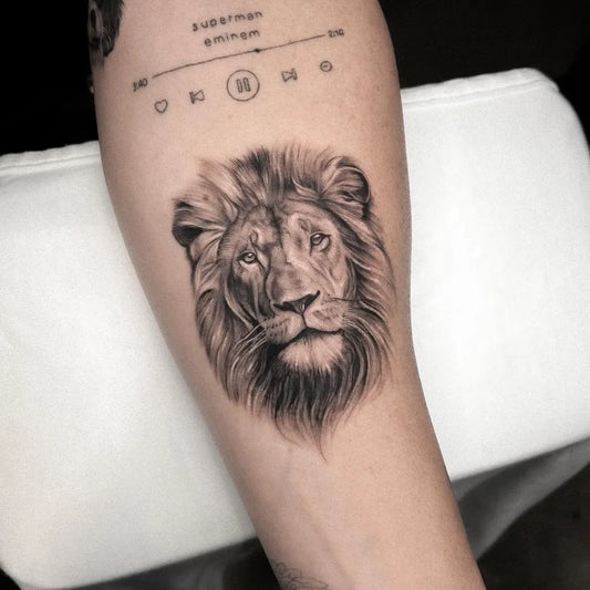 Medium Black and Grey Lion Head on Men Arm Tattoo by @fuhrichtattoo
