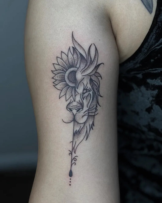 Medium Black and Grey Lion Sunflower on Women Arm Tattoo by @erickforemantattoos