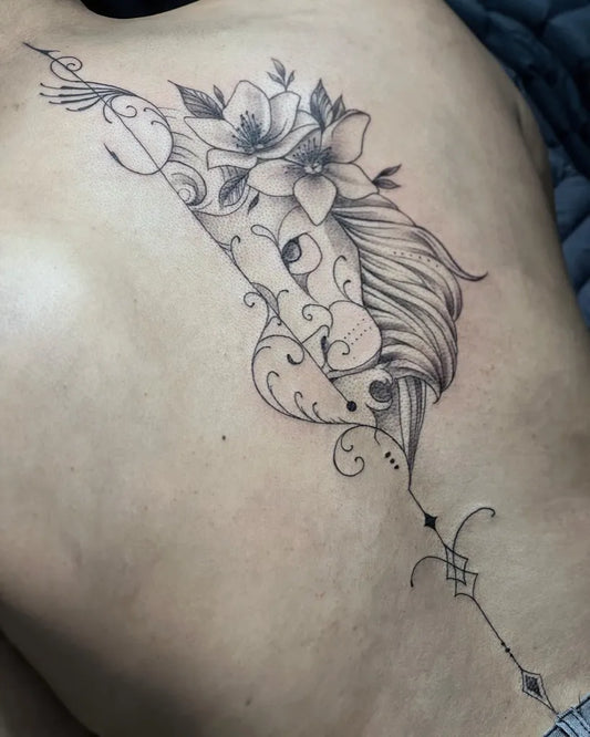 Medium Black and Grey Lion and Flowers on Women Shoulder Tattoo by @ruddydesign