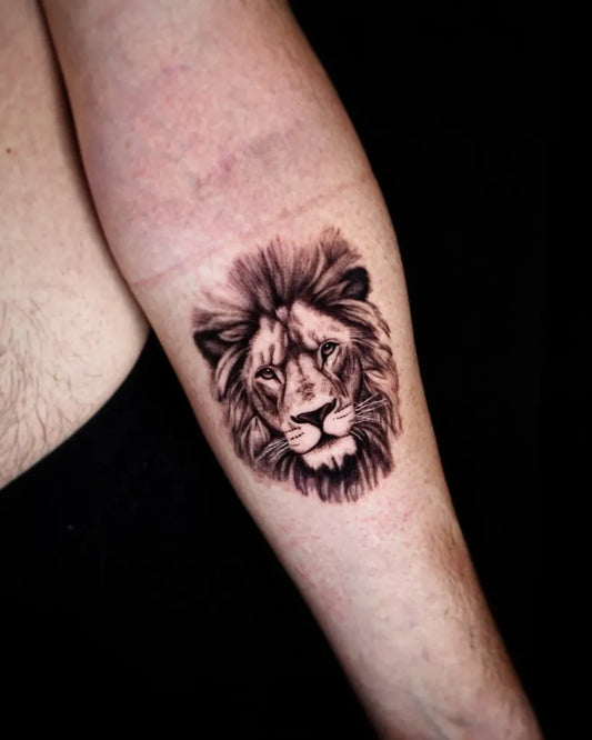 Medium Black and Grey Lion head on Men Arm Tattoo by @one_tatt