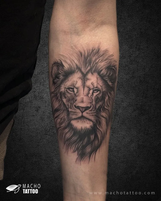 Medium Black and Grey Lion on Men Arm Tattoo by @dingsingh_tattoo