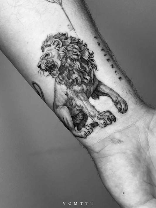 Medium Black and Grey Lion on Men Arm Tattoo by @vcmttt