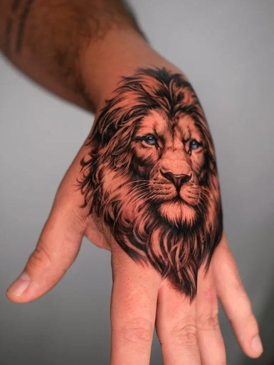 Medium Black and Grey Lion on Men Hand Tattoo by @d.gone_ttt