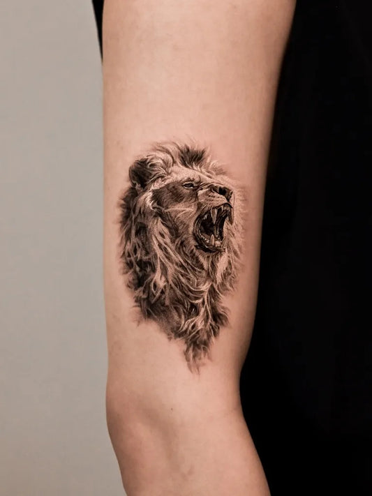 Medium Black and Grey Lion on Women Arm Tattoo by @oottatjac